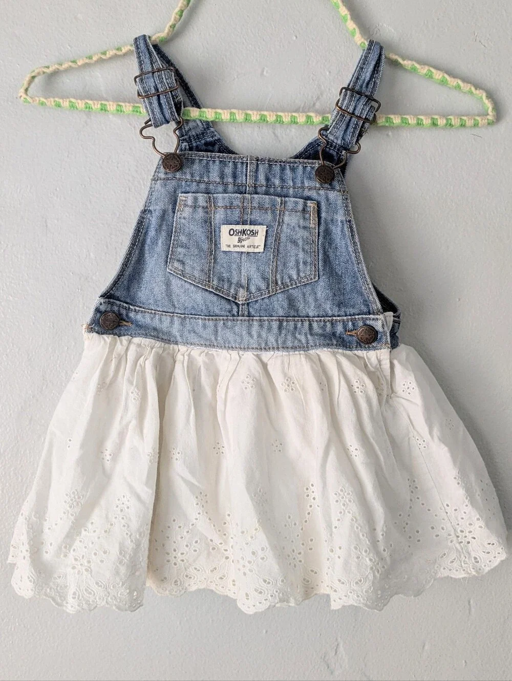 OshKosh B'gosh Toddler Girl Denim Eyelet Lace Overall Dress Size 3T
